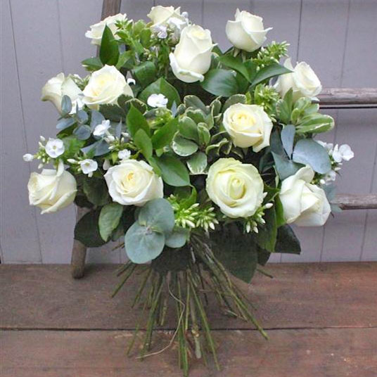 long stem white roses wedding bouquet
