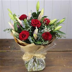 VALENTINES RED ROSE AND LILY HANDTIED