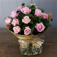 12 PINK ROSES HANDTIED